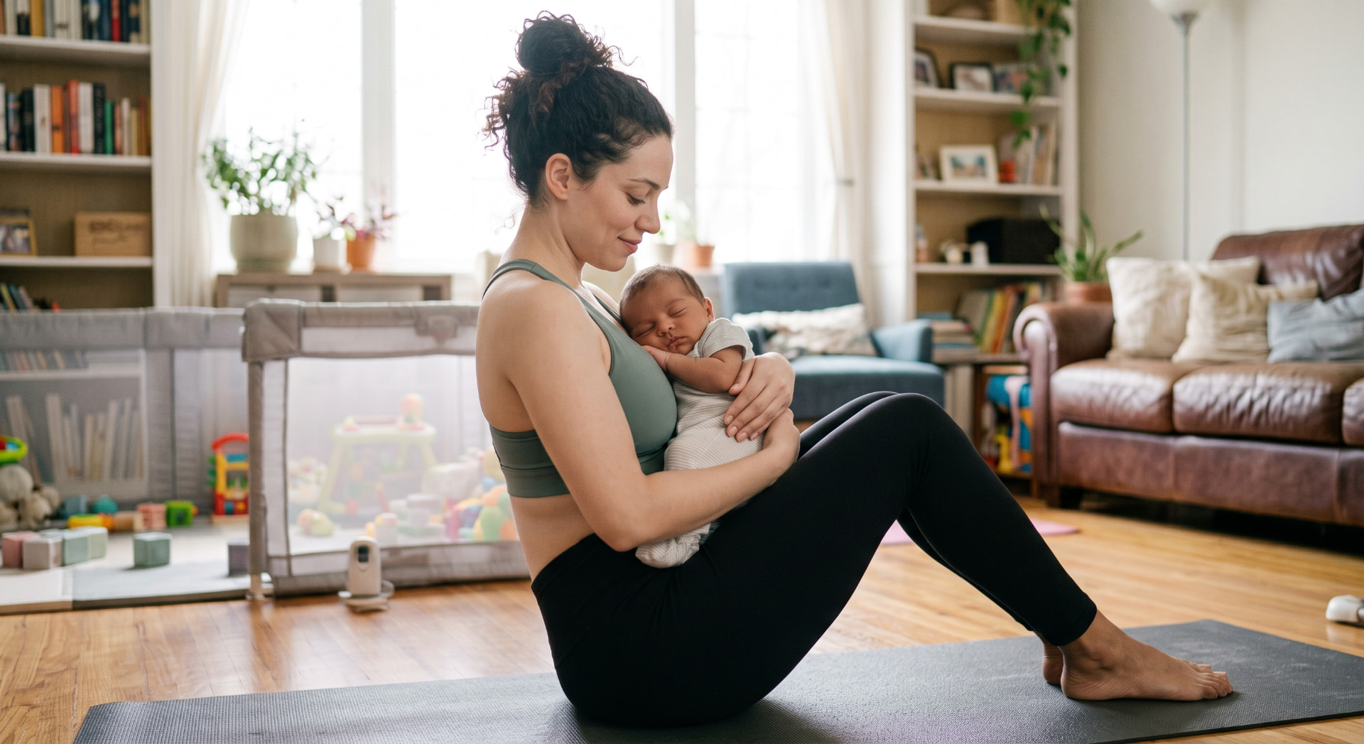 A mom training on a yoga mat at home while holding her sleeping baby